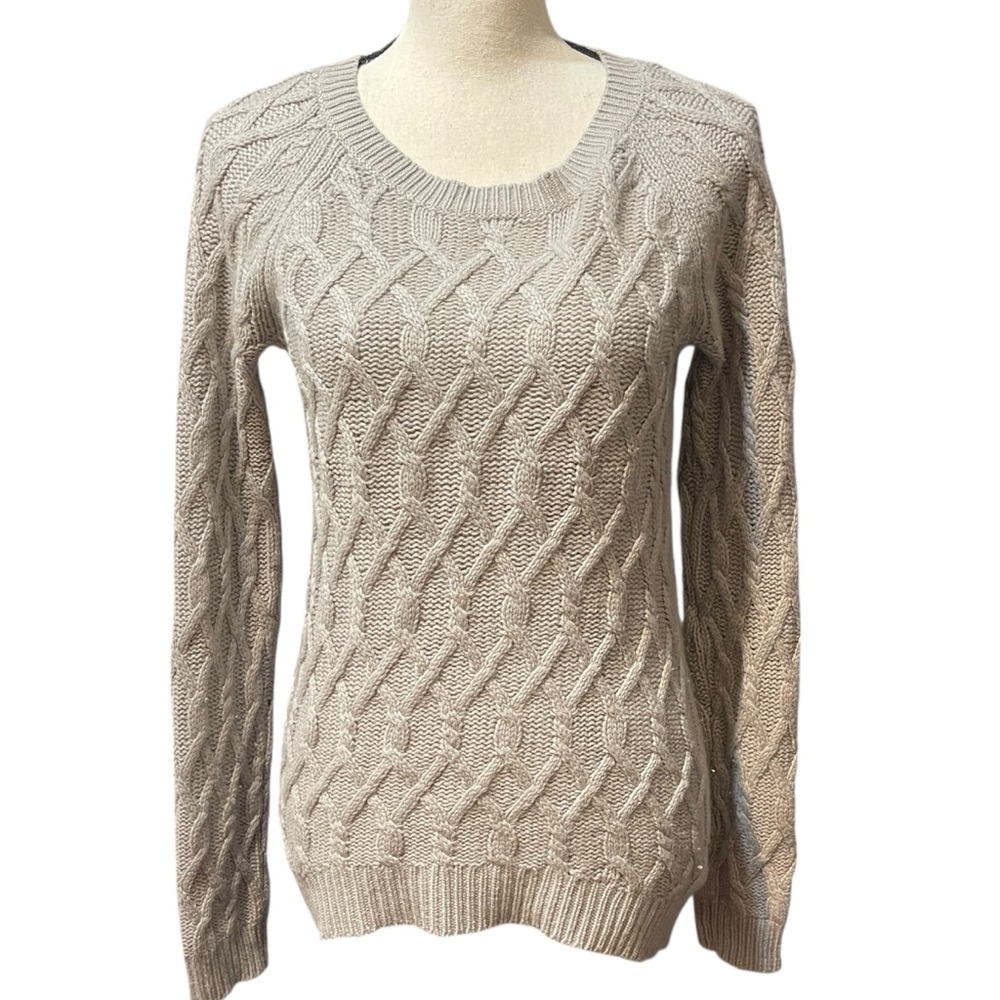Tahari Luxe Chunky Cable Knit Fisherman Crew Neck Pullover Cashmere Wool Sweater